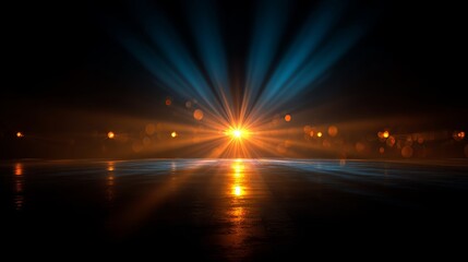 Concert stage with golden and blue dramatic lighting.