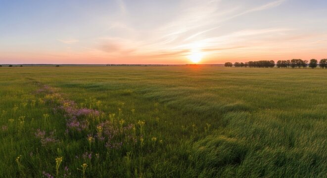 Vast grassy field with flowering border under vibrant sunset sky, trees on horizon