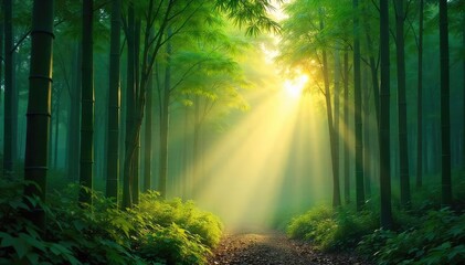 Fototapeta premium Serene bamboo forest bathed in the soft light of dawn, mist clinging to the lush green leaves Tranquil scene evokes peace and natural beauty , environment, strength, wildlife habitat