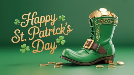 Happy st patrick's day with a green boot full of gold coins and shamrocks on a green background