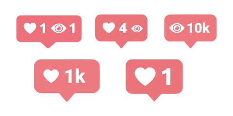 Pink social media notification icons with like and view counters. Great for influencer, marketing, and online content design. Transparent background.