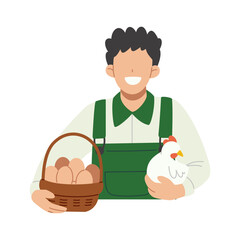 Happy poultry farmer with basket of eggs and chicken. Flat character illustration isolated on white background