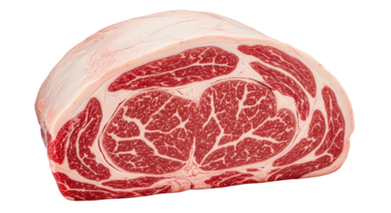 A thick cut of marbled beef roast showcasing intricate marbling patterns and a white fat cap isolated on transparent background