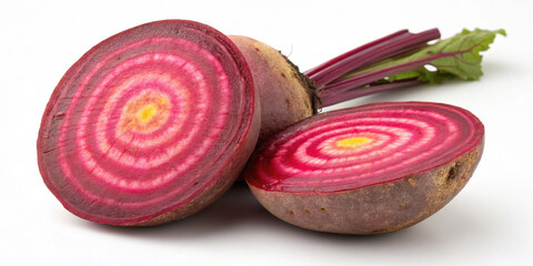 Fresh raw Chioggia beet sliced open reveals stunning rings healthy vegetable and root food promoting agricultural sovereignty and nutrition against white background