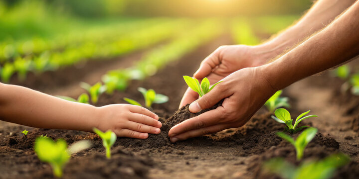 Father teaching his child about planting and growth step toward food sovereignty. Caring hands gently place green seedling in soil lesson for future generations