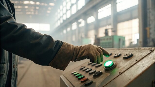 Factory worker engaging control panel industrial setting close-up photography soft natural light machinery concept