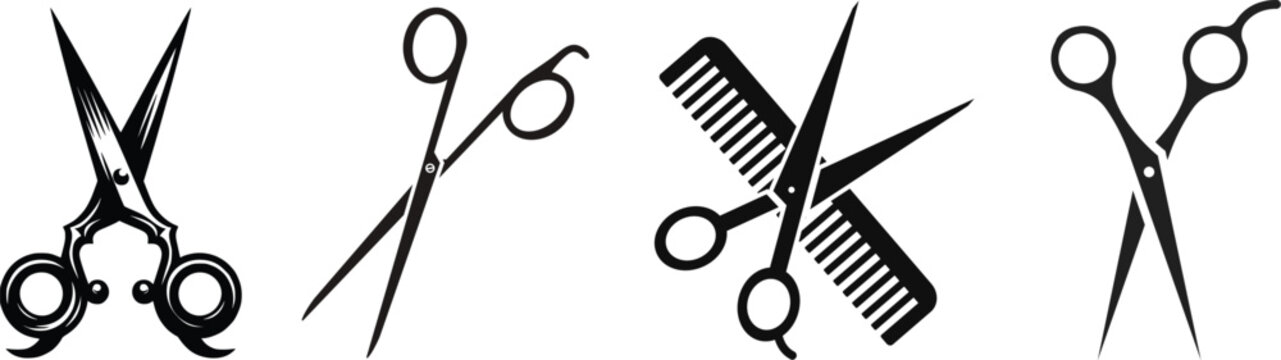 set of scissors silhouette icon vector illustration.Comb Scissors Dairy Background Icon.Paper scissors with cut lines icon set. Vector illstration.Editing or remove with AI. Artificial intelligence