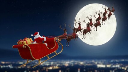 Santa Claus on sleigh flying over snowy winter night with moon stars and reindeer cartoon Christmas scene - Powered by Adobe