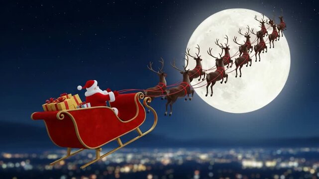 Santa Claus on sleigh flying over snowy winter night with moon stars and reindeer cartoon Christmas scene