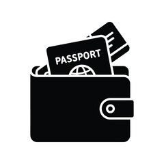 Travel wallet icon with passport and airline ticket for international trip and identity document isolated on white background, Vector