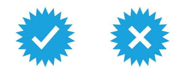 Blue check and cross badge icons representing approval and rejection concepts. Great for app interfaces, web design, and business visuals. Transparent background.