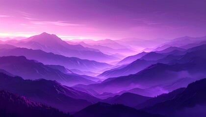 Purple-hued, misty mountain range receding into the distance under a soft, pastel sky