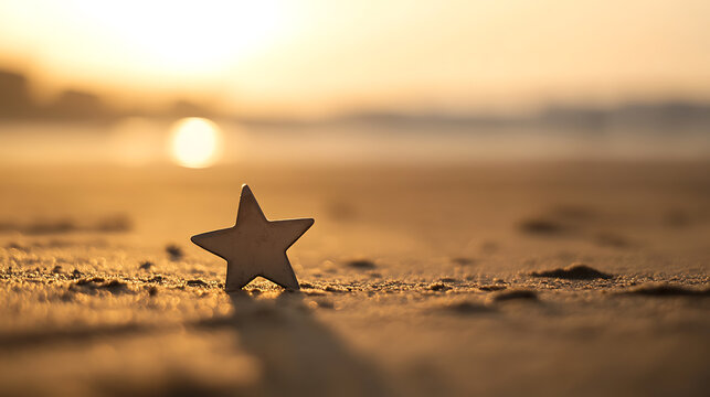 Starfish on a tranquil shore, bathed in the golden hues of the setting sun. A serene coastal scene that evokes feelings of peace, tranquility, and coastal charm.