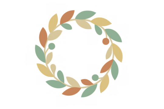 Floral wreath a circular frame with pastel green, yellow, orange leaves, berries, transparent background