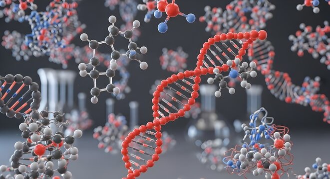DNA strands and molecular models intertwine with lab glassware—capturing the elegance and complexity of cellular design.