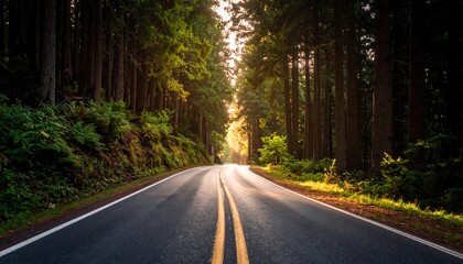 Obraz premium Paved road cutting through a vibrant green forest, light illuminating the path forward in scenic outdoors