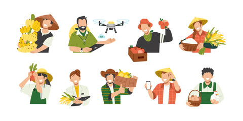 Set of modern local farmer, including poultry farmers, agricultural researchers, a tech-savvy farmer with smartphone and drone. Flat characters in diverse agricultural roles cartoon illustration 