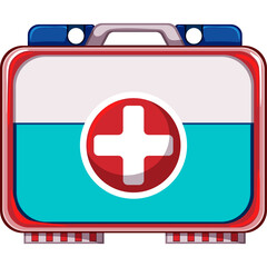 Red Blue and White Medical First Aid Kit with Red Cross Symbol for Emergency Medical Care and Healthcare Services