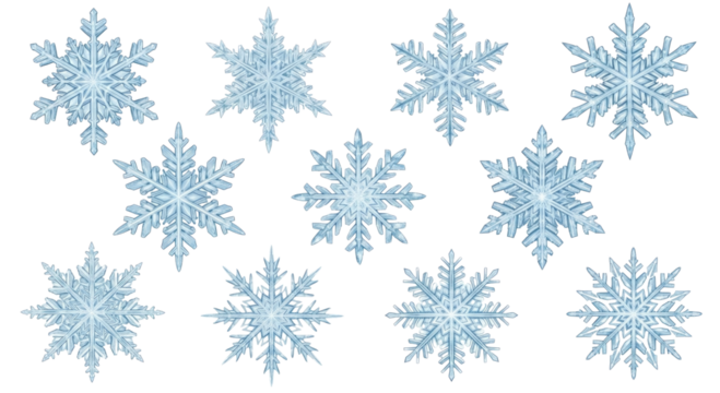Collection of ten intricate and sparkling snowflake designs each unique and detailed isolated on transparent background