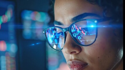 A focused businesswoman with glasses reflecting glowing blue stock market charts, analyzing financial data for investment strategy - Powered by Adobe