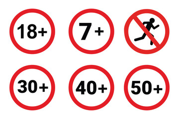Set of red circular age restriction icons including 7+, 18+, 30+, 40+, 50+, and no tools sign. Perfect for product labeling, content warning, or safety design. Transparent background.
