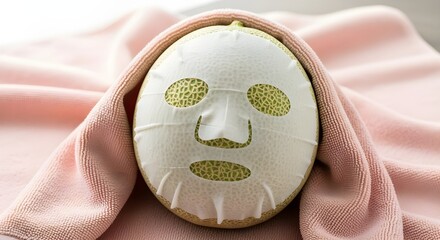 A melon gets the spa treatment—complete with sheet mask and pink wrap—in this humorous take on self-care rituals.