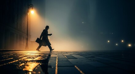 Naklejka premium Urban commuter walking under glowing streetlamp in soft mist during quiet winter evening as light reflects on wet pavement creating cinematic solitude atmosphere