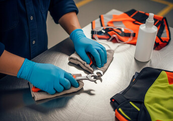 Mechanic cleaning tools with gloves on stainless steel surface at work