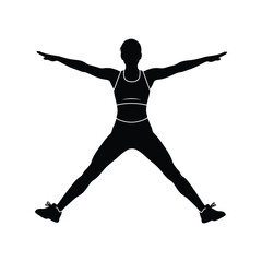 Athletic woman stretching workout silhouette. jumping jack fitness exercise pose isolated on white background, Vector