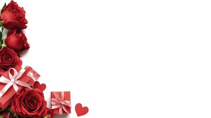 Red roses and heart-shaped gift boxes arranged on the right side of a white banner for romantic valentine’s day celebration and love-themed decoration