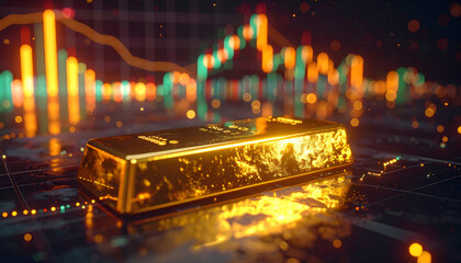 Glowing gold bar sits on financial trading chart, surrounded by vibrant data graphs and bokeh lights