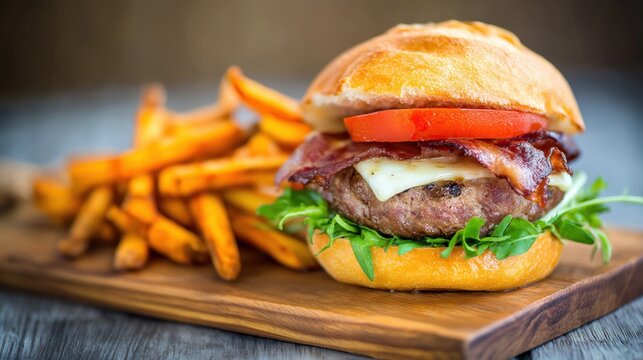 A fresh gourmet burger placed on a rustic wooden board. restaurant menu design, food delivery ads, culinary blogs, cooking magazines, recipe book covers, gourmet branding, commercial food