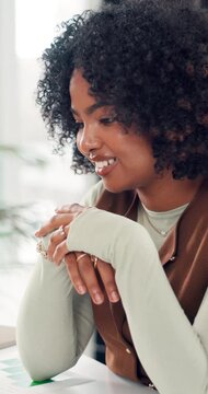 Thinking, business woman and smile with laptop for PV market analysis, feasibility study or research. Renewable power, chart and solar project developer with tech for environmental permits approval