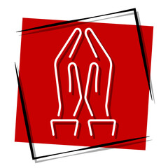 prayer hand, red banner in a frame. Vector illustration on a white background.