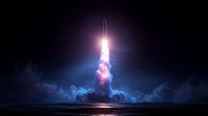 Soaring across the globe: a missile's transcontinental journey. Art direction. Intercontinental ascent: a missile's dramatic rise through clouded skies. Digital artwork. Trendy visuals.