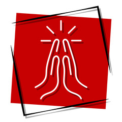 prayer hand, red banner in a frame. Vector illustration on a white background.