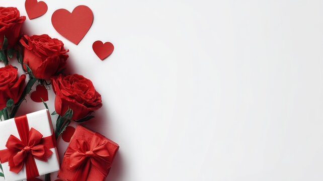 Red roses and heart-shaped gift boxes arranged on the right side of a white banner for romantic valentine’s day celebration and love-themed decoration - Powered by Adobe
