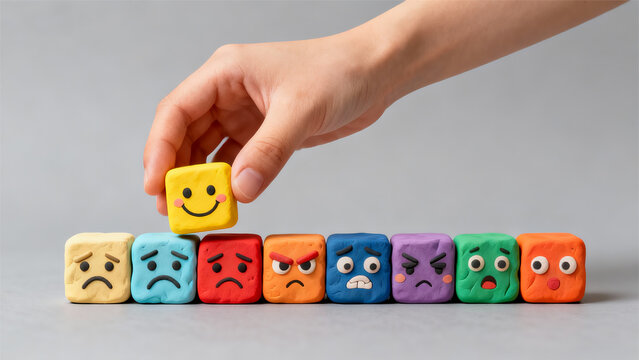 Emotional Intelligence Development and Positive Mindset Choice: Hand picking yellow smiley face from colorful emotion blocks, symbolizing emotion recognition, self-regulation, and social-emotional lea