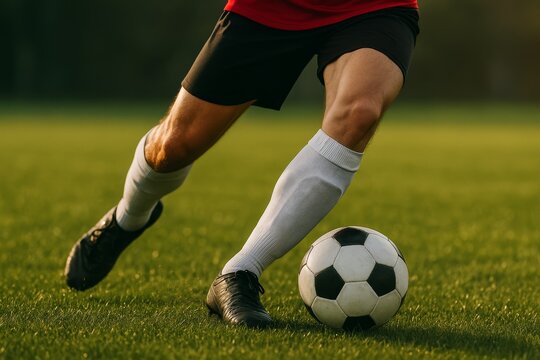 Close up of soccer player dribbling the ball on green field during match in sunset light - Powered by Adobe