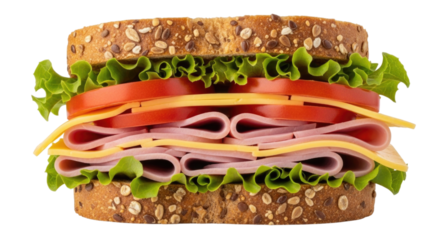 A tall stacked deli sandwich with whole grain bread lettuce tomato cheese and ham isolated on transparent background