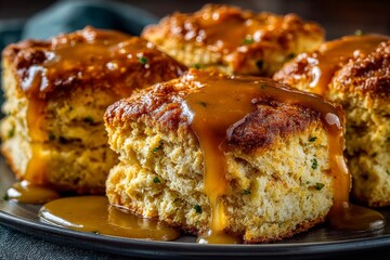 Thanksgiving biscuits and gravy with thick light brown gravy drizzle. 