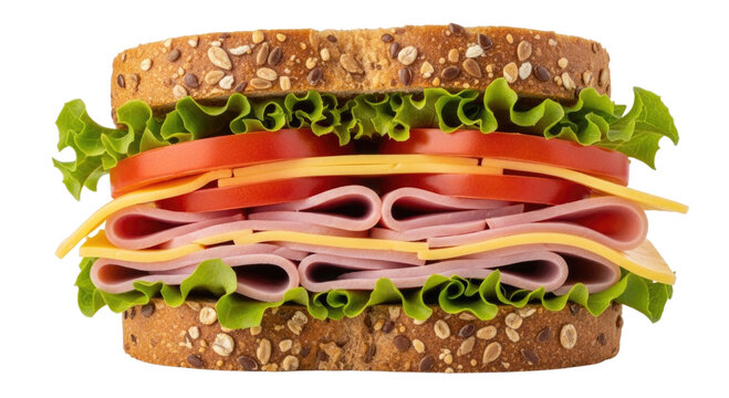 A tall stacked deli sandwich with whole grain bread lettuce tomato cheese and ham isolated on transparent background