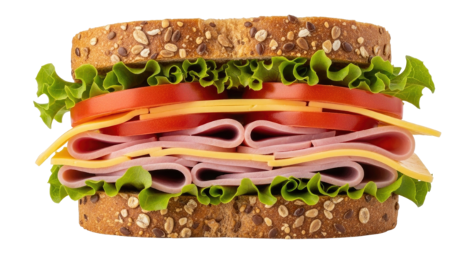 A tall stacked deli sandwich with whole grain bread lettuce tomato cheese and ham isolated on transparent background