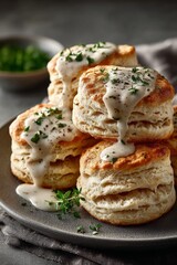 Thanksgiving biscuits and gravy with thick light brown gravy drizzle. 