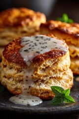Traditional Thanksgiving biscuits with thick light brown gravy drizzle. 