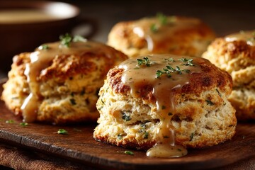 Golden brown Thanksgiving biscuits with thick light brown gravy drizzle. 