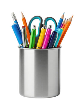 A metallic cylindrical cup filled with various colorful writing and drawing instruments including pens pencils and scissors isolated on transparent background