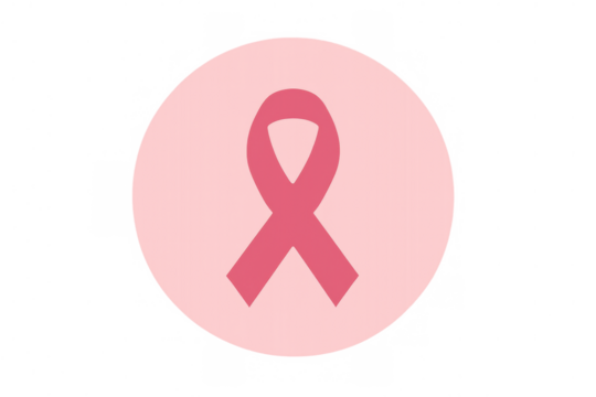 Pink ribbon in a light pink circle, symbolizing breast cancer awareness, support, and hope for women's health. Transparent background