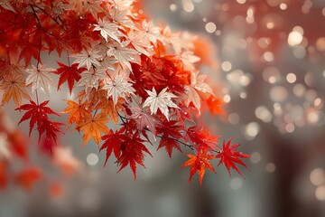 Celebrate autumn: vibrant leaves and tranquil scenes. Unusual perspectives. Rich maple leaf display with illuminated bokeh delight. Strange beauty. Experimental photography.