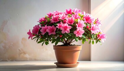Close-up of potted, blossoming pink flowers, illuminated by sunlight